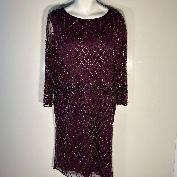 Pisarro Nights SZ 22 Purple Beaded Sheath Midi Dress Cocktail Formal Wedding MOB - Picture 1 of 13
